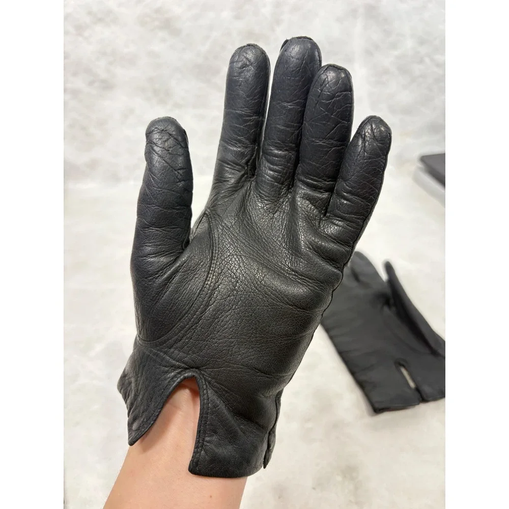 Vintage Black Leather Gloves Medium Vented Cuff Lined Winter Classic Retro